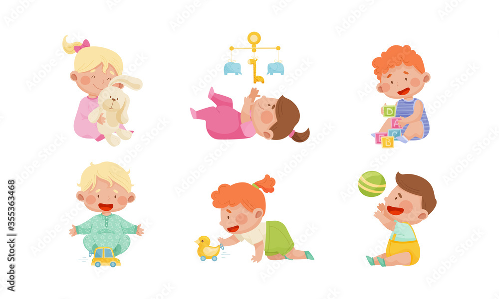 Baby Boys and Girls Sitting on the Floor and Playing with Their Toys Vector Set
