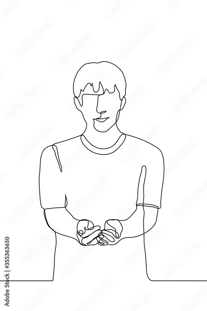 The guy folded his hands (hands) in the shape of a bowl, he holds something and smiles. One continuous line drawing of a man holding out his hands with something in his hands. The guy folded his hands (hands) in the shape of a bowl, he holds something and smiles. One continuous line drawing of a man holding out his hands with something in his hands.