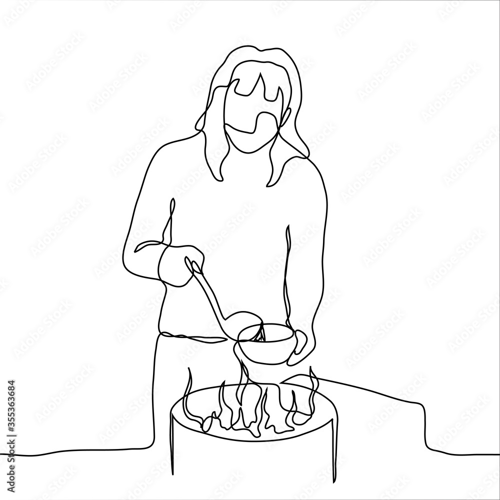 female volunteer pours soup from a soup ladle into a plate for the homeless and starving. One continuous line drawing of a woman pouring hot soup on plates. Can be used for animation female volunteer pours soup from a soup ladle into a plate for the homeless and starving. One continuous line drawing of a woman pouring hot soup on plates. Can be used for animation