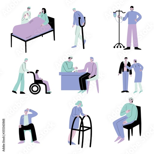Ill or disabled people patients in hospitals and clinics vector illustration