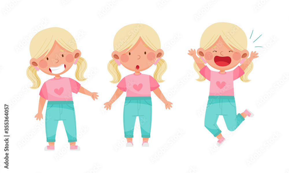 Cute Little Girl with Blonde Hair Demonstrating Different Gestures and Facial Expressions Vector Set