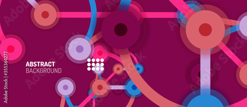 Flat style geometric abstract background, round dots or circle connections on color background. Technology network concept.