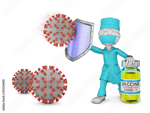 Doctor with shield and vaccine and coronovirus cells. 3d render