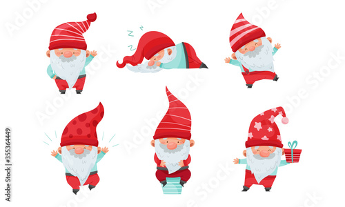 Fantastic Christmas Gnome or Dwarf Character with Red Hat and White Beard Carrying Gift Box and Sleeping Vector Set