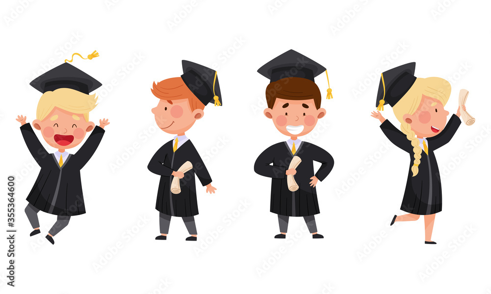 Girl and Boy Characters Wearing Academic Dresses or Gown and Square Academic Cap Cheering About Graduation Ceremony Vector Illustrations Set Girl and Boy Characters Wearing Academic Dresses or Gown and Square Academic Cap Cheering About Graduation Ceremony Vector Illustrations Set