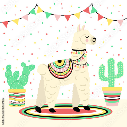 Cute llama with cactus and ethnic design elements vector illustration