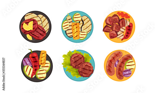 Grilled Food with Meat and Vegetables Rested on Plate Top View Vector Set