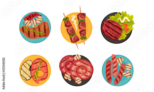 Grilled Food with Meat and Vegetables Rested on Plate Top View Vector Set