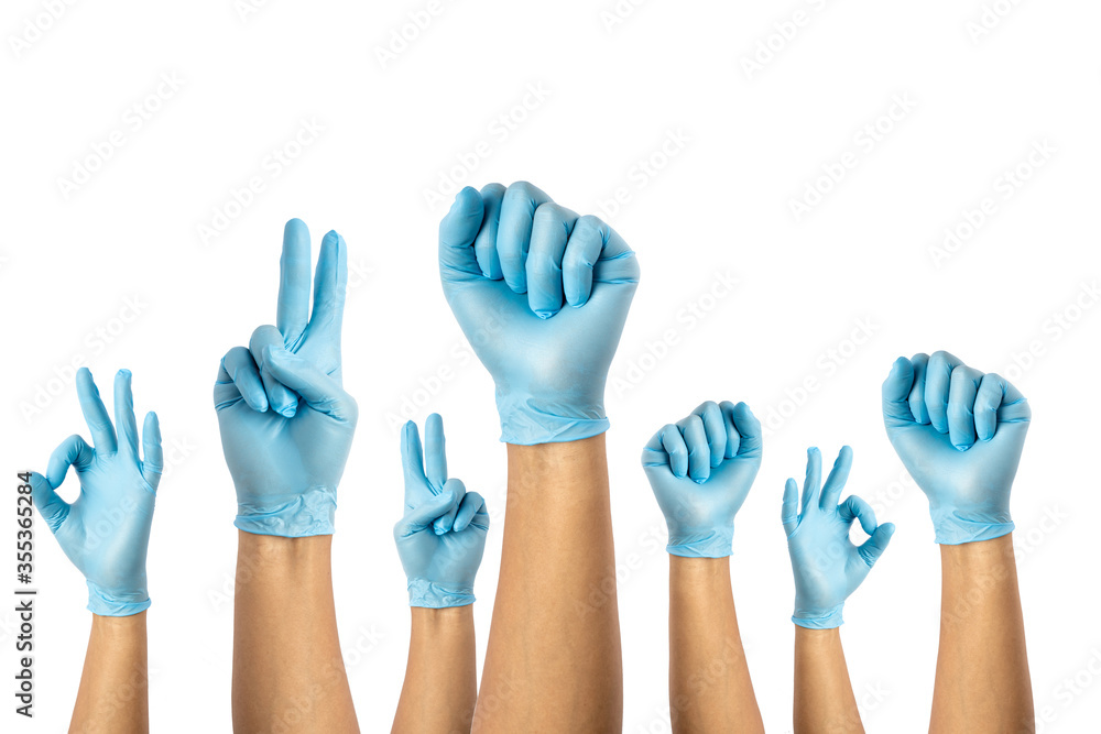 Obraz premium blue gloves for germs of medical personnel and the general public, raising their hands, raising their arms, joining forces