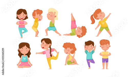 Little Boy and Girl Standing in Yoga Pose Breathing Deeply Vector Illustrations Set