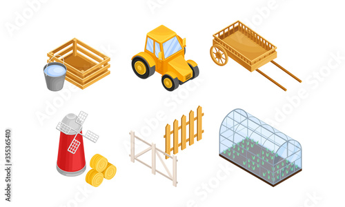 Greenhouse with Agricultural Crops Growing in Germination Bed and Flour Mill Vector Set