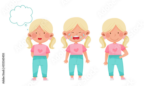 Cute Little Girl with Blonde Hair Demonstrating Different Gestures and Facial Expressions Vector Set