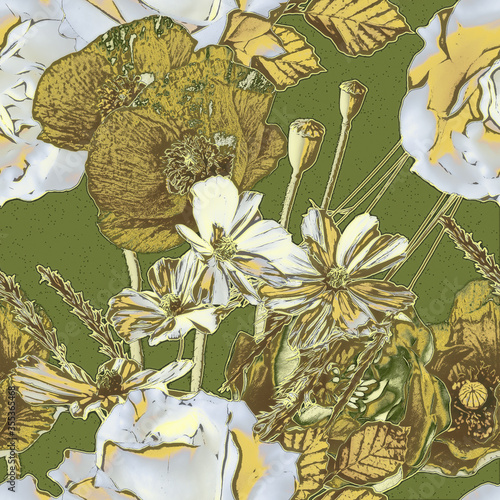 art vintage blurred monochrome and colordul old gold, olive, white and black  painting and graphic floral seamless pattern with peonies, poppies, grasses and leaves on dark background photo