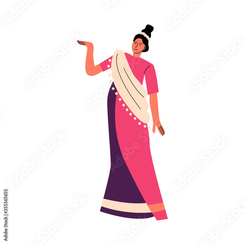 Indian woman in traditional bright sari dancing and celebrating holiday