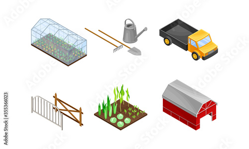 Greenhouse with Agricultural Crops Growing in Germination Bed and Barn Vector Set