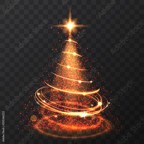 Orange glitter bokeh lights and sparkle stars christmas tree on transparent background. Isolsted light shining abstract gold christmas tree. Vector illlustration.