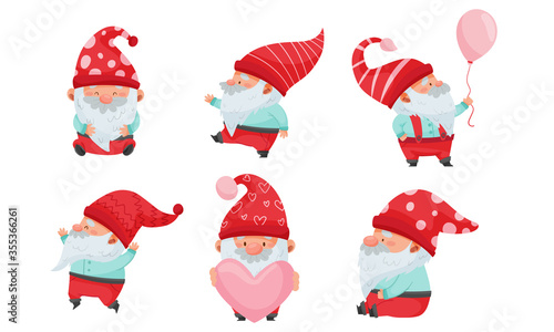 Fantastic Christmas Gnome or Dwarf Character with Red Hat and White Beard Holding Heart and Balloon Vector Set