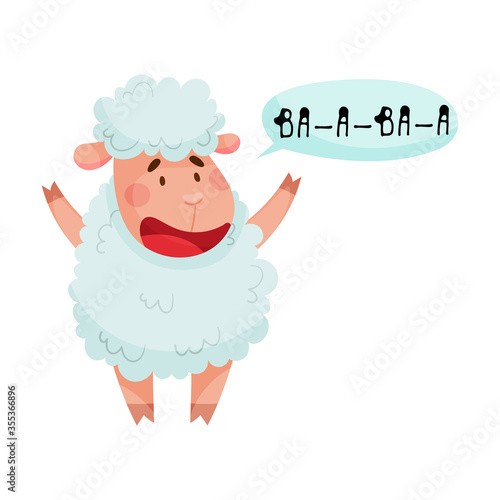 Fluffy Sheep with Open Mouth Making Baa Sound Isolated on White Background Vector Illustration