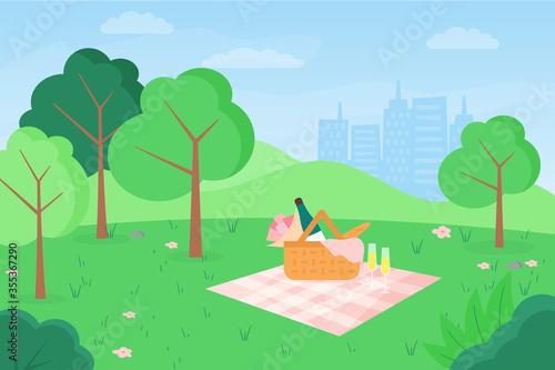 Vector flat illustration of outdoor picnic in urban park on cityscape background. Basket with flowers, food and wine, glasses with champagne on blanket at grass, against city skyscape