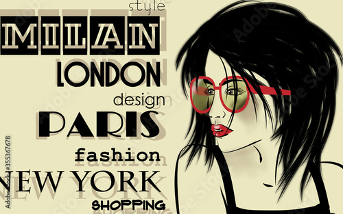 art monochrome sketched beautiful girl face in profile with eyeglasses in mixed media style with black hair on sepia background with word fashion, style, model, design, Paris, Milan, London, New York