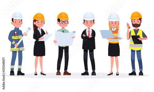 Engineers cartoon set with civil engineering construction workers architect and surveyor isolated vector illustration