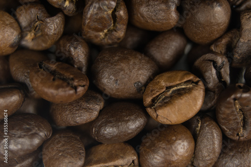 Fragrant fried coffee beans. close-up