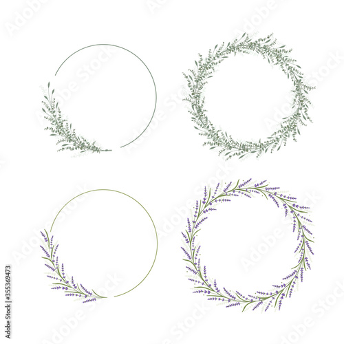 Floral frame decoration for wedding and invitation card. Flower and leaf design circle template. Eucalipus and lavender branch. Green organic decor. Vector illustration