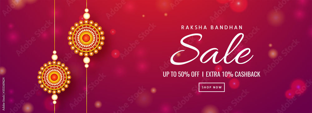 Raksha Bandhan Sale Header or Banner Design with 50% Discount Offer, Extra 10% Cashback and Round Pearl Rakhis on Red and Pink Bokeh Background.
