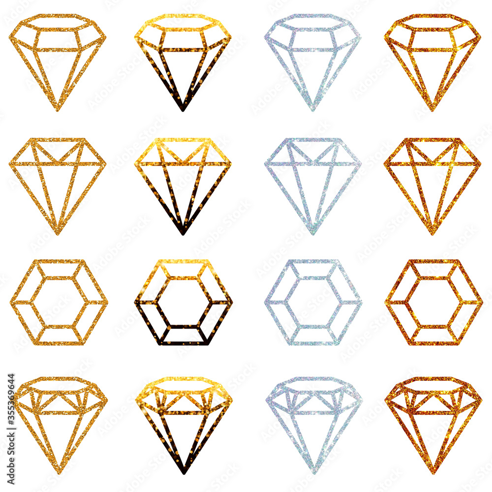 silhouette of a crystal, gem in several variants and in different colors, isolated on a white background silhouette of a crystal, gem in several variants and in different colors, isolated on a white background