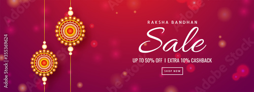 Raksha Bandhan Sale Header or Banner Design with 50% Discount Offer, Extra 10% Cashback and Round Pearl Rakhis on Red and Pink Bokeh Background.