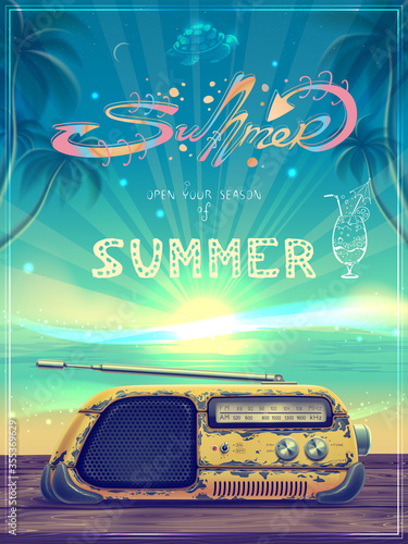 Poster with summer background, sea landscape with sun lights, palm trees, yellow retro vintage radio receiver over sunny beach and seascape. Banner with lettering "Summer" for music season party