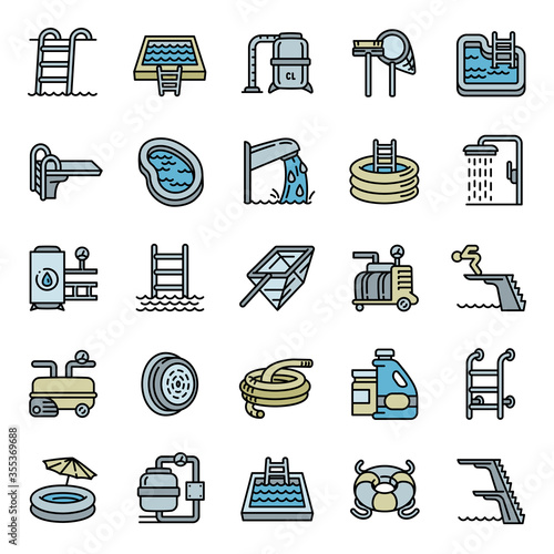 Pool equipment icons set. Outline set of pool equipment vector icons for web design isolated on white background