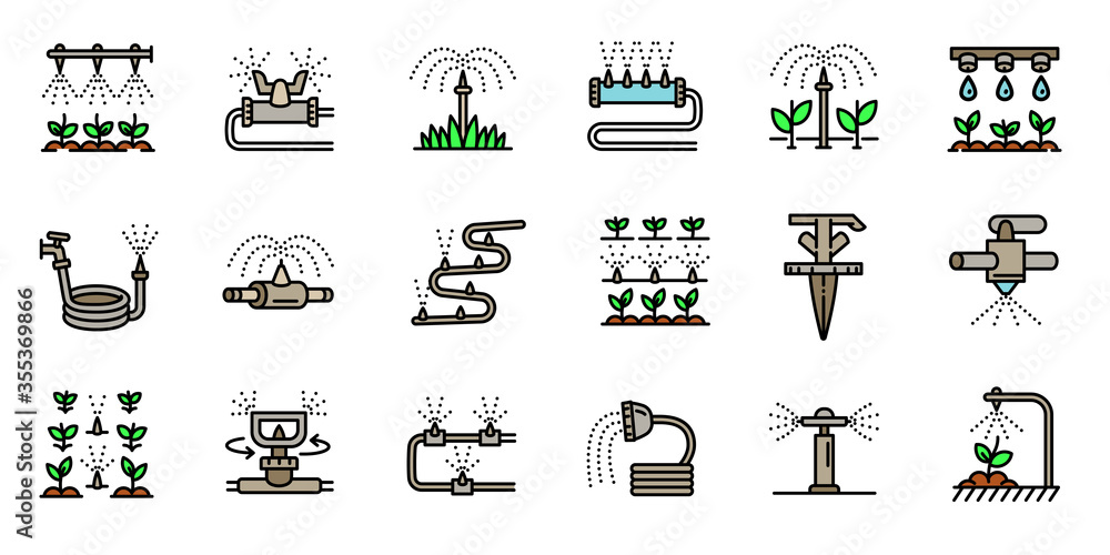 Irrigation system icons set. Outline set of irrigation system vector ...