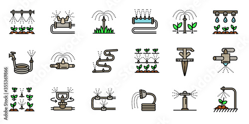 Irrigation system icons set. Outline set of irrigation system vector icons for web design isolated on white background photo