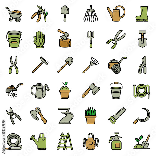 Gardening tools icons set. Outline set of gardening tools vector icons for web design isolated on white background