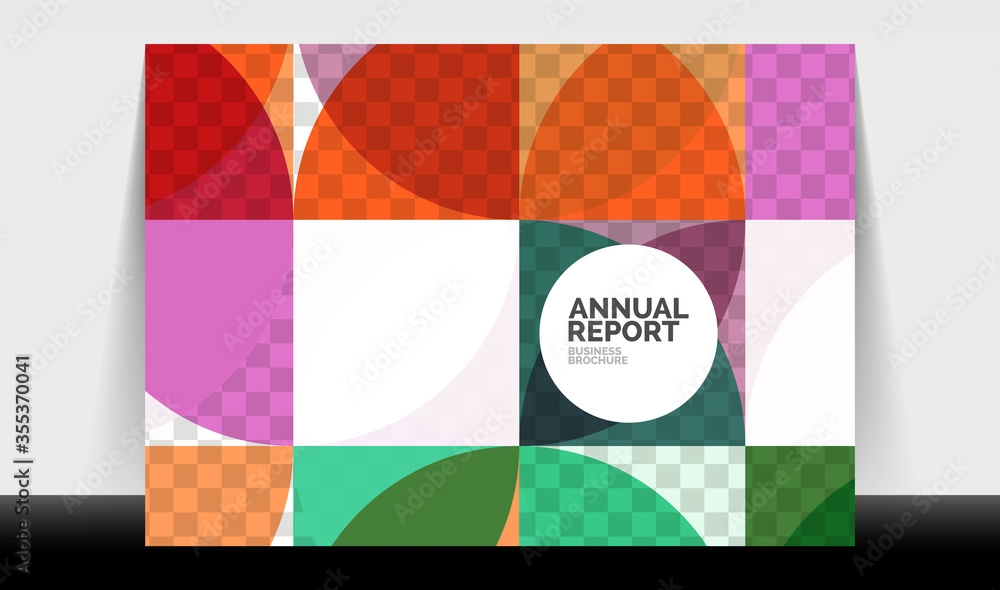 Horizontal A4 business flyer annual report template, circles and triangle style shapes modern geometric design for brochure layout, magazine or booklet