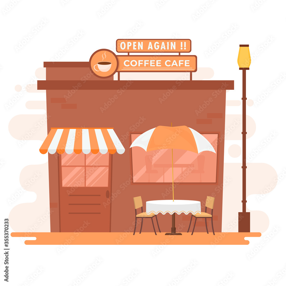 Obraz premium Open Again Coffee Cafe Shop with Exterior Table and Chairs on White Background.