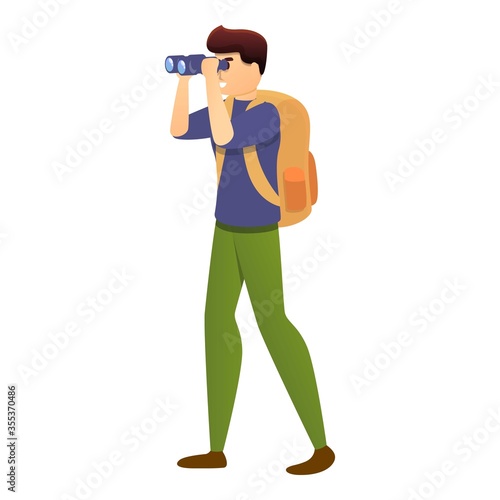 Tourist with binoculars icon. Cartoon of tourist with binoculars vector icon for web design isolated on white background