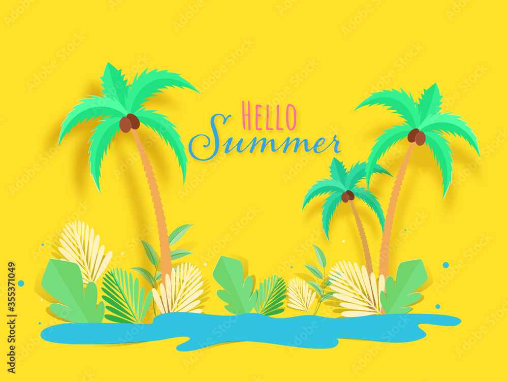 Hello Summer Font with Paper Cut Coconut Trees, Tropical Leaves and Blue Water Splash on Yellow Background.