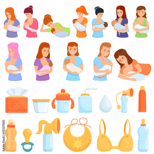 Breast-feeding icons set. Cartoon set of breast-feeding vector icons for web design