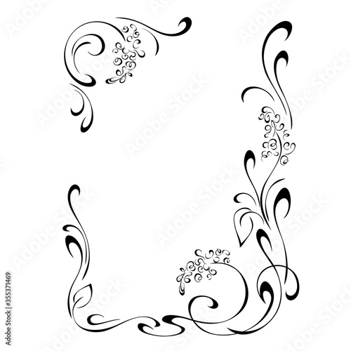 frame 48. unique decorative frame with stylized flowers on stems with leaflets and curls in black lines on a white background