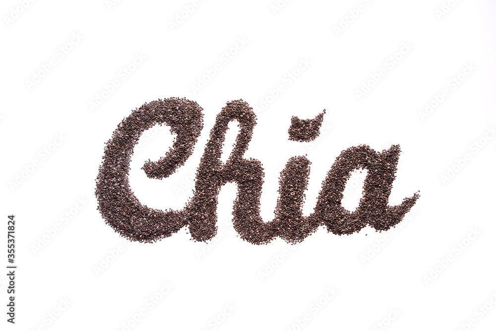 Chia word writing with chia seeds. On white background Chia word writing with chia seeds. On white background