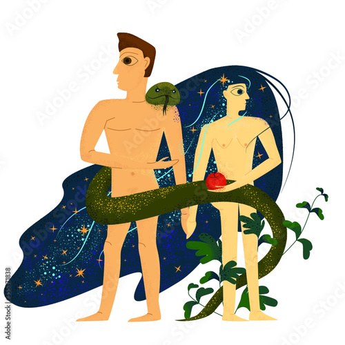 Adam and Eve in the Garden of Eden with an apple and a snake. Beautiful vector illustration.