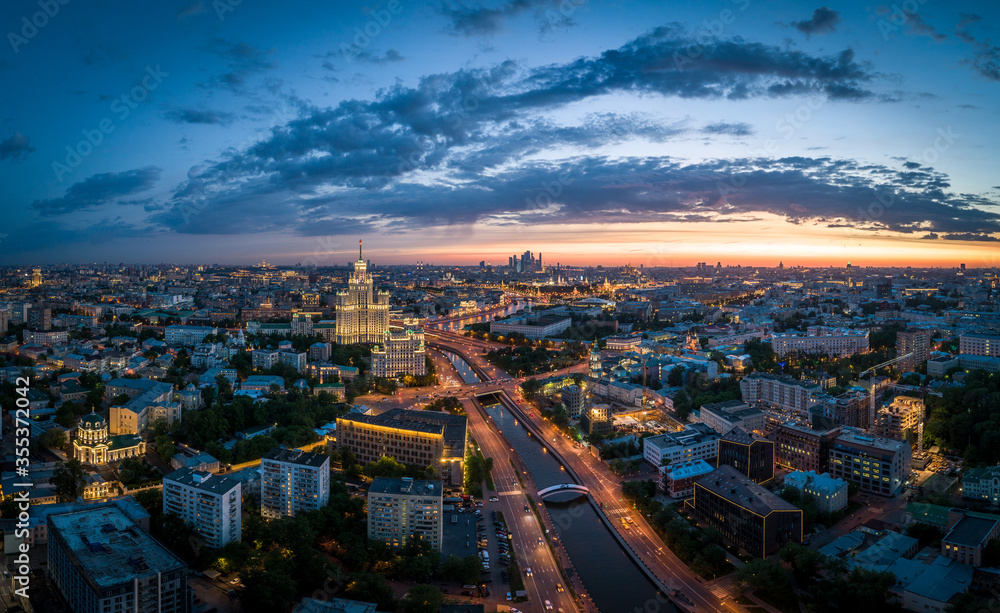 MOSCOW, RUSSIA - MAY 13, 2019: An aerial view of the Yauza River and the Kotelnicheskaya Embankment Building at sunset.