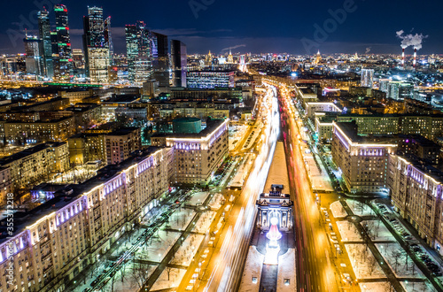 An aerial photo taken with a drone shows skyscrapers of the Moscow International Business Center also known as “Moscow City" and Kutuzovsky Avenue on Sunday, March 3, 2019