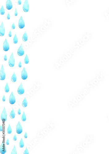 Water drops frame with empty space for your text. Frame made of raindrops, tears. Watercolor hand painting. Shades of blue abstract background.