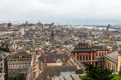 View from above of the old historical center quarter and modern districts of european city Genoa © froland83