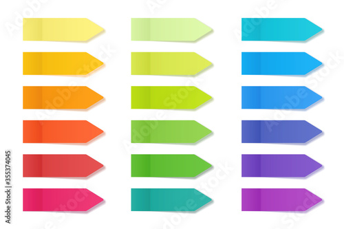 Realistic sticky notes collection. Arrow flag tabs. Post note stickers. Colorful sticky paper sheets. Vector illustration.