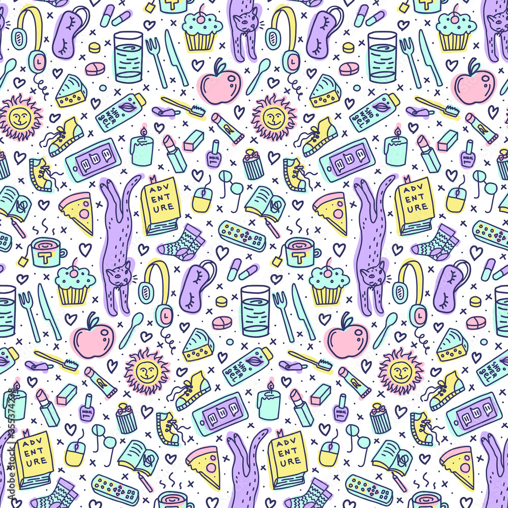 Objects at home doodles. Seamless pattern in pastel multicolor