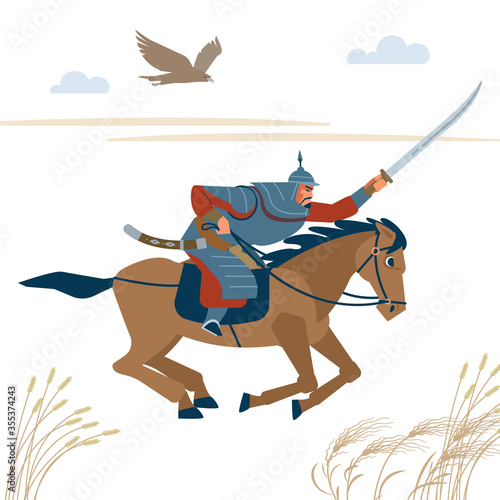 Central Asian warrior horseman, attack in battle. Isolated vector illustration in flat cartoon style